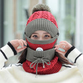 Women 3 Pc's Beanie Cap With Neck Warmer And Mask - Red