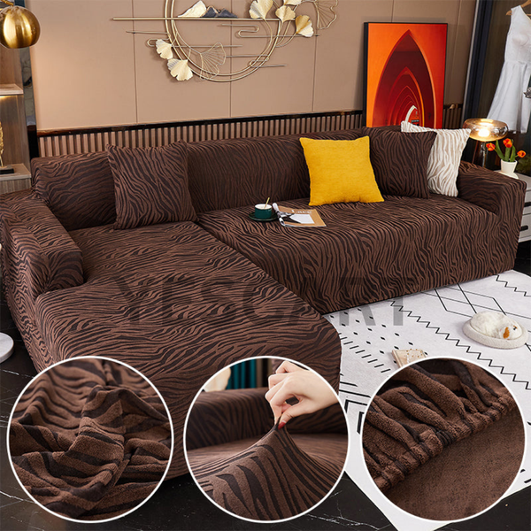 L Shape Zebra Velvet Sofa Covers Fitted Style (Dark Brown)