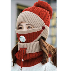 Women 3 Pc's Beanie Cap With Neck Warmer And Mask - Orange