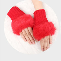 Women Faux Rabbit Fur Gloves - Red