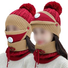 Women 3 Pc's Beanie Cap With Neck Warmer And Mask - Red