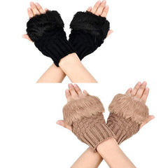 Women Faux Rabbit Fur Gloves - Red